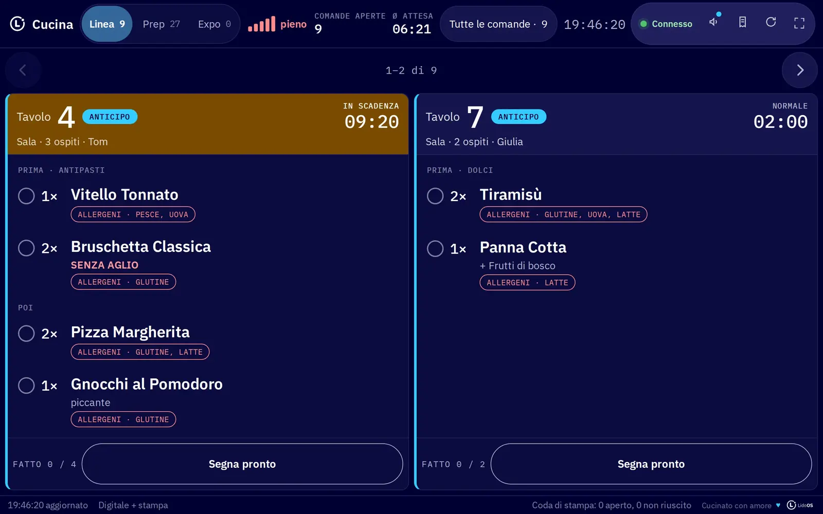Monitor cucina su tablet in formato orizzontale con due comande in primo piano; un antipasto e un dessert sono stati anticipati.