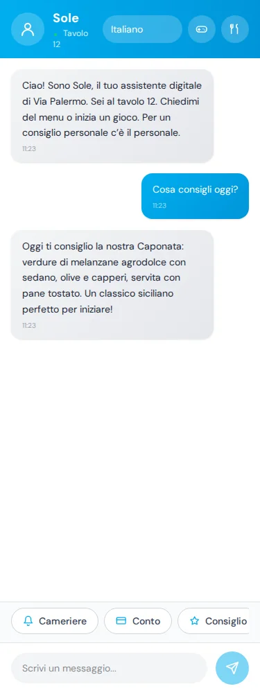 Vista ospite · Il tuo menu entra nella conversazione. · Via Palermo