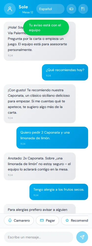 Vista del cliente · Las alergias requieren a tu equipo. · Via Palermo