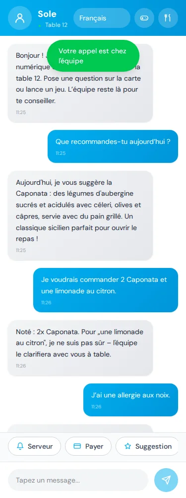 Vue client · Pour les allergies, ton équipe prend le relais. · Via Palermo