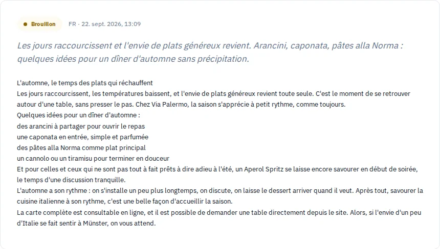 Brouillon d'actualité non publié pour Via Palermo