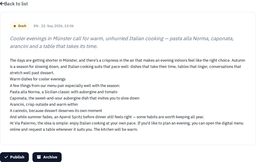Your menu becomes a news item. · Via Palermo