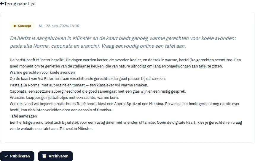 Uit je menu wordt een nieuwsbericht. · Via Palermo