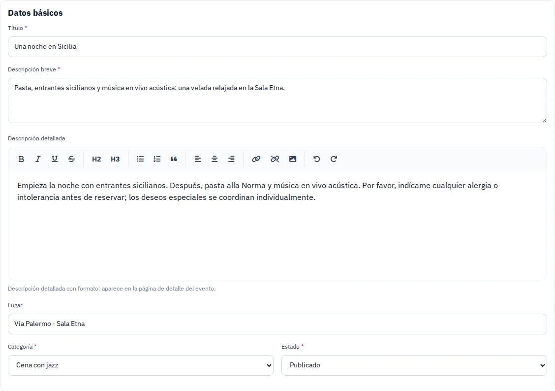 Edición de un evento en Via Palermo con título y descripción completos.