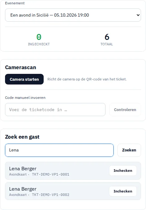 Toegangsscherm met fictieve tickets en zoekresultaten voor Via Palermo.