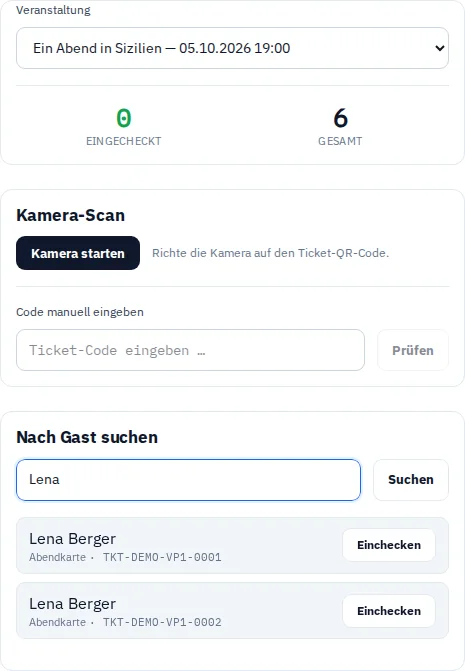 Einlassansicht mit fiktiven Tickets und Suchergebnissen für Via Palermo.