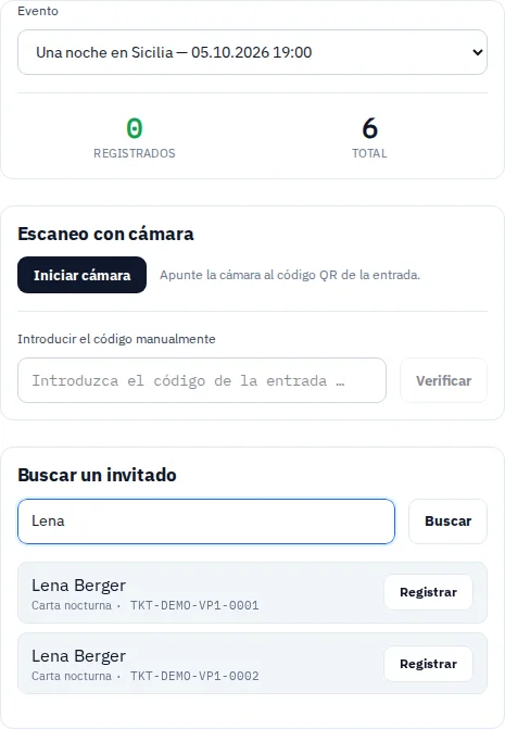 Vista de accesos con entradas ficticias y resultados de búsqueda para Via Palermo.