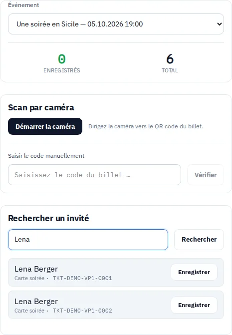 Vue d’accueil avec billets fictifs et résultats de recherche pour Via Palermo.