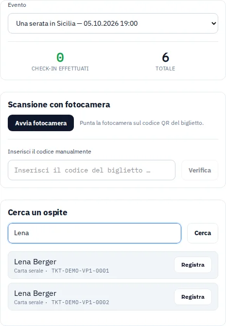 Vista dell’ingresso con biglietti fittizi e risultati di ricerca per Via Palermo.