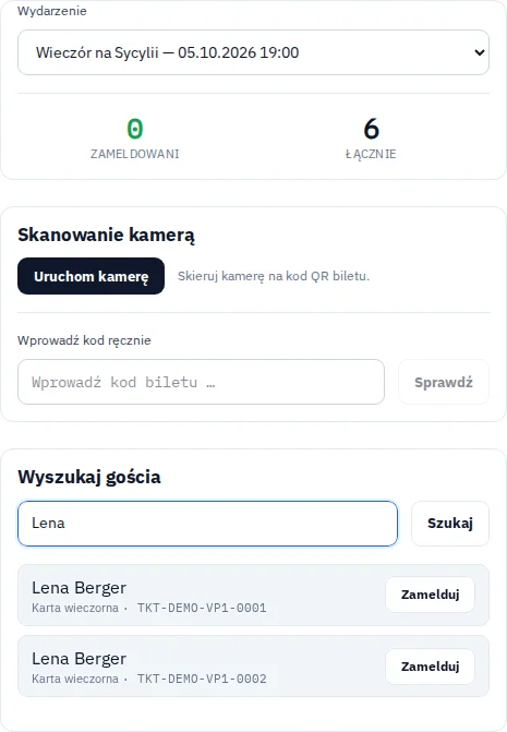 Widok wejścia z fikcyjnymi biletami i wynikami wyszukiwania dla Via Palermo.