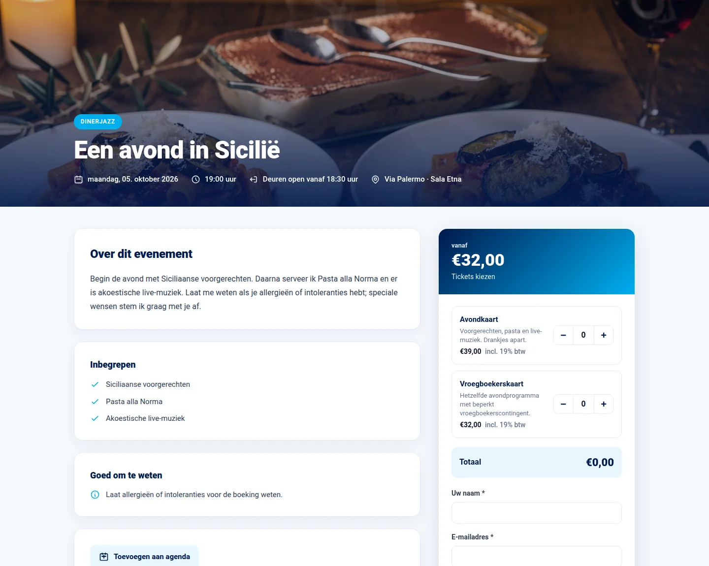 Publieke evenementenpagina van Via Palermo met beschrijving en ticketkeuze.
