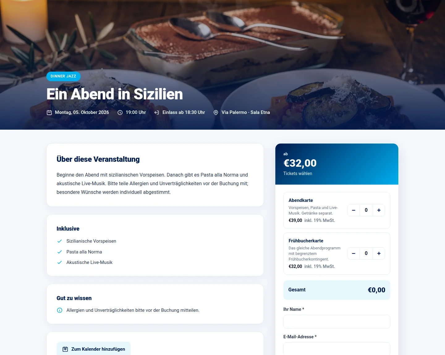 Öffentliche Veranstaltungsseite von Via Palermo mit Beschreibung und Ticketauswahl.