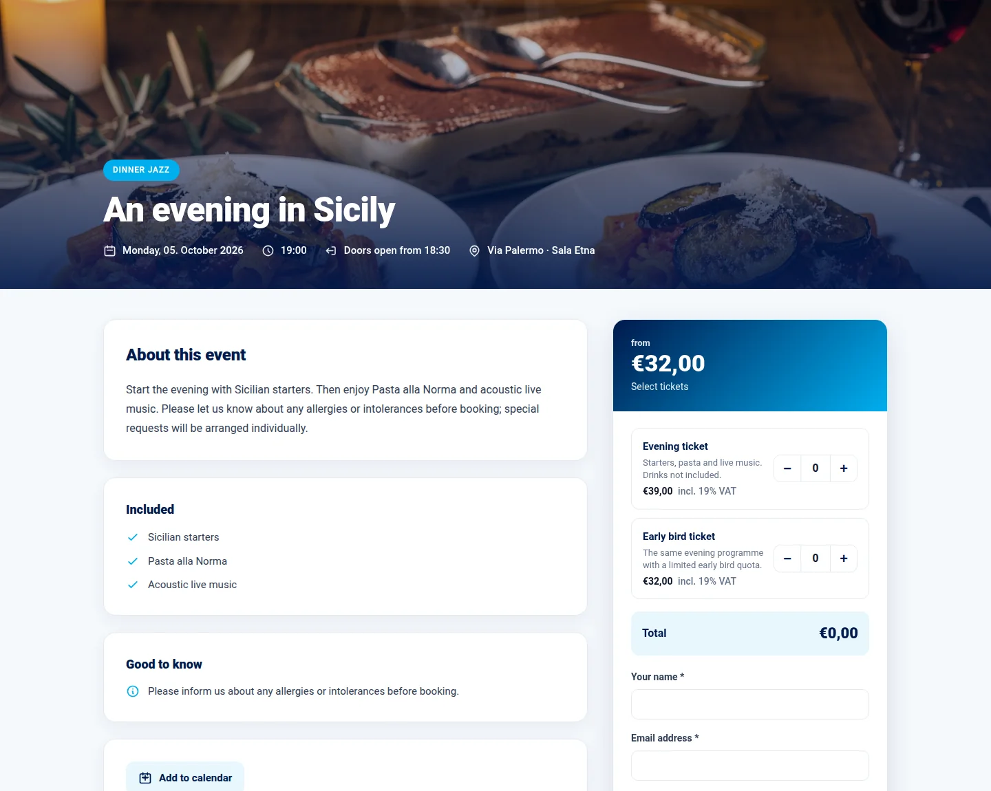 Public event page of Via Palermo with description and ticket selection.