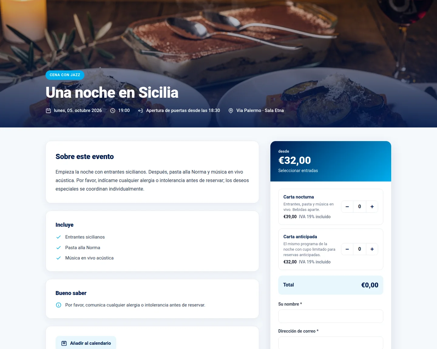 Página pública de evento de Via Palermo con descripción y selección de entradas.