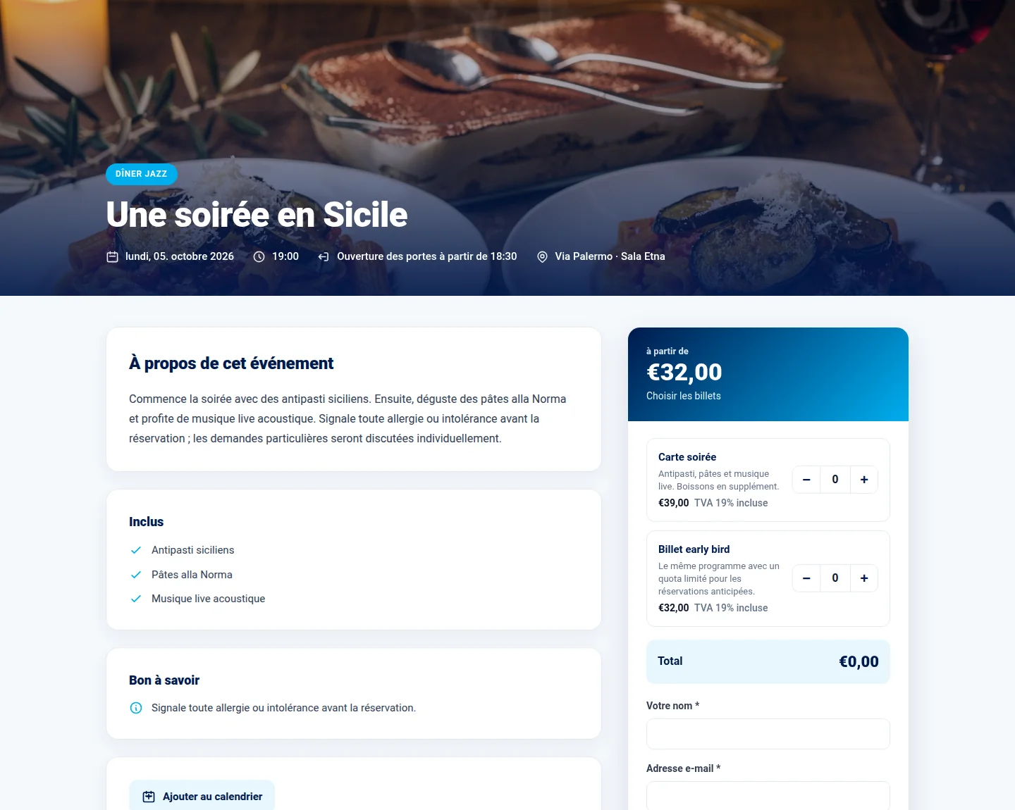 Page publique de l’événement de Via Palermo avec description et choix de billets.