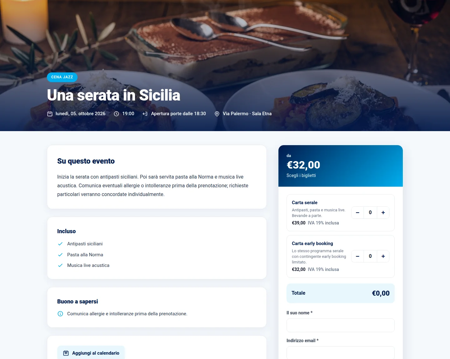 Pagina pubblica dell’evento di Via Palermo con descrizione e selezione dei biglietti.