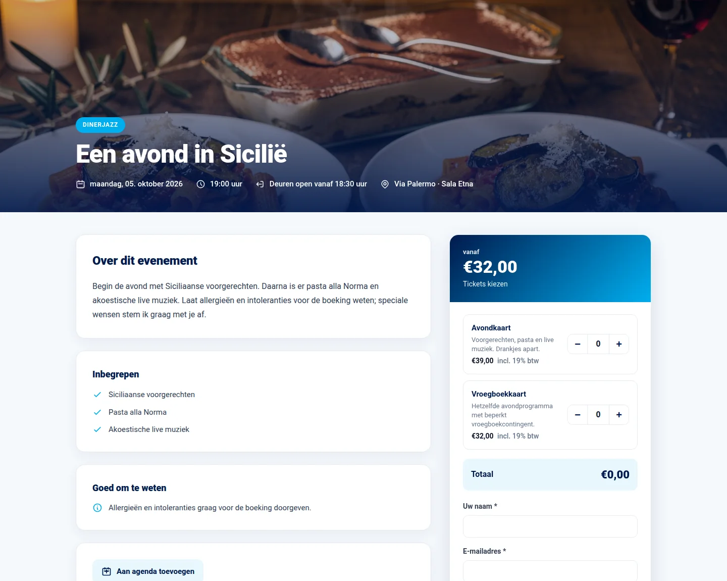 Publieke evenementenpagina van Via Palermo met beschrijving en ticketkeuze.
