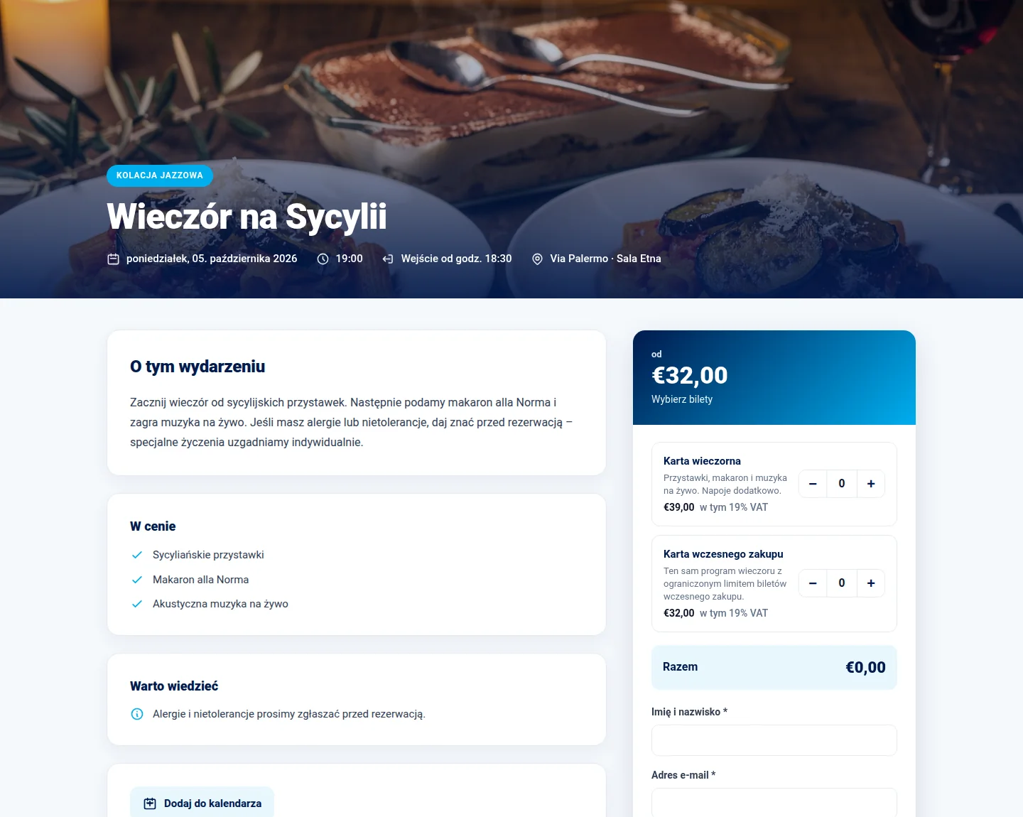 Publiczna strona wydarzenia z Via Palermo z opisem i wyborem biletów.