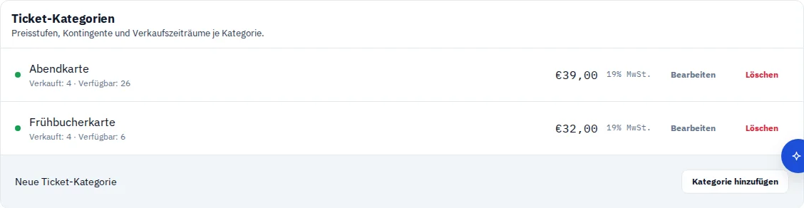 Ticketarten mit Kontingenten und Preisen für einen fiktiven Restaurantabend.