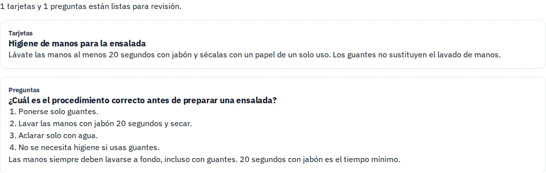 Propuesta generada · Repasa la higiene de manos