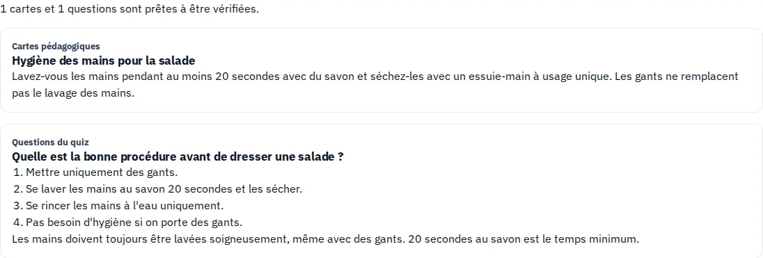 Proposition générée · Revois l’hygiène des mains