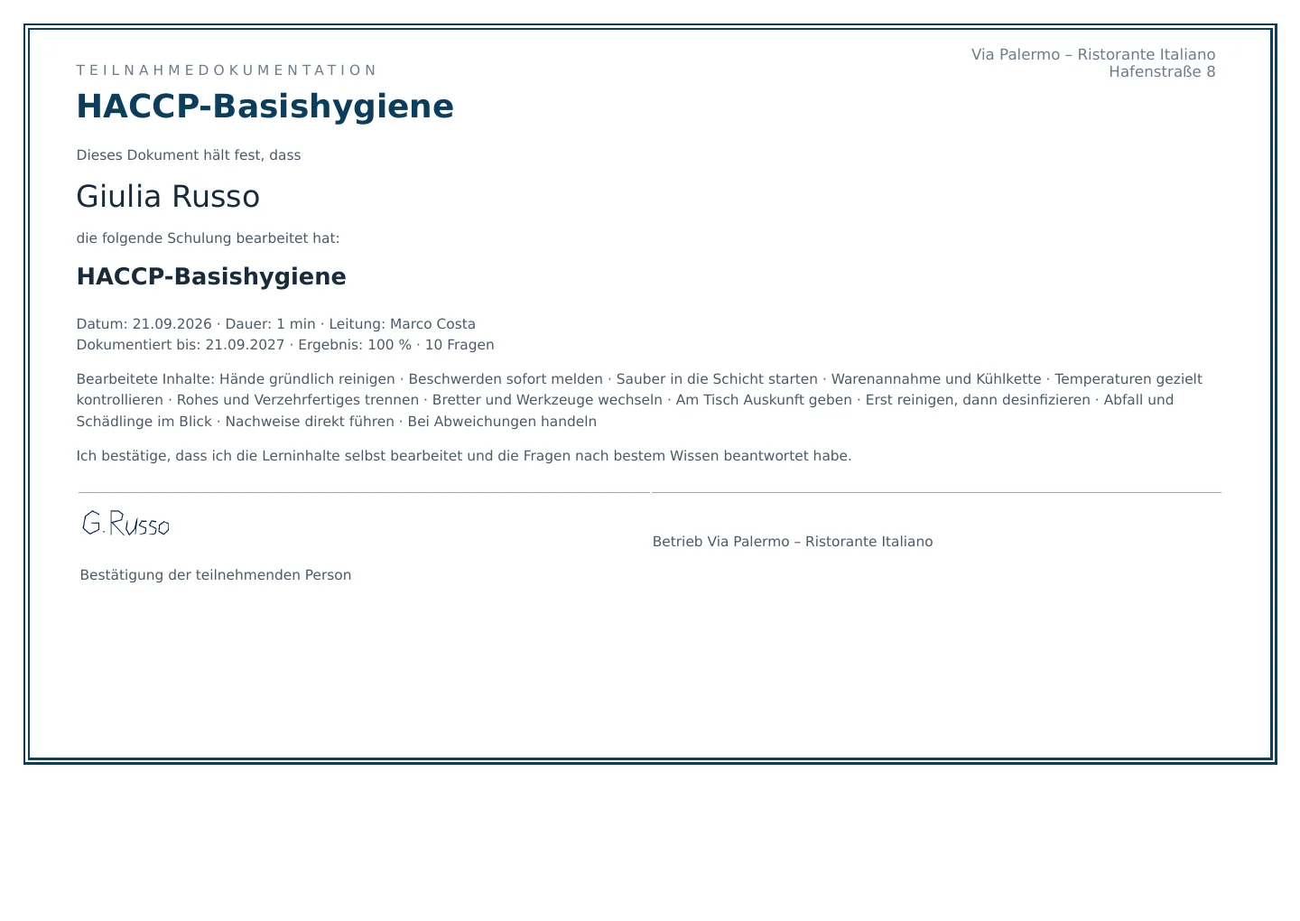 Die Bescheinigung öffnen · Via Palermo