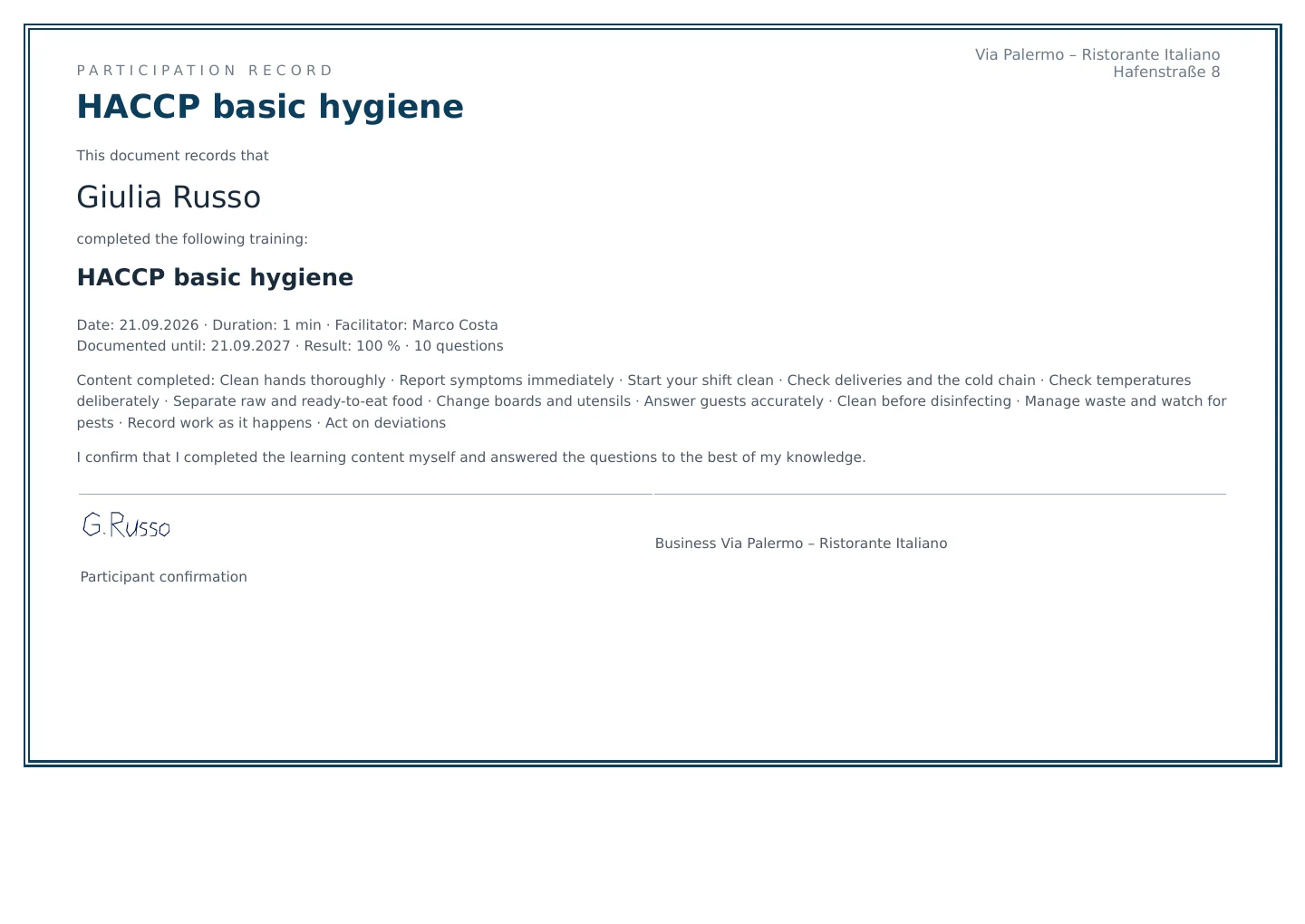 Open the certificate · Via Palermo