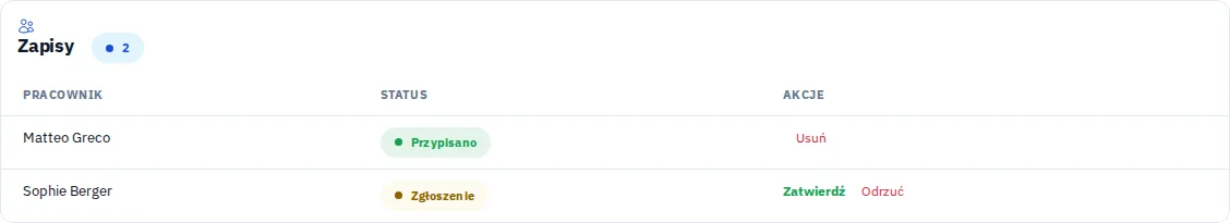 Zgłoszenie na zmianę na telefonie i lista zgłoszeń w panelu.