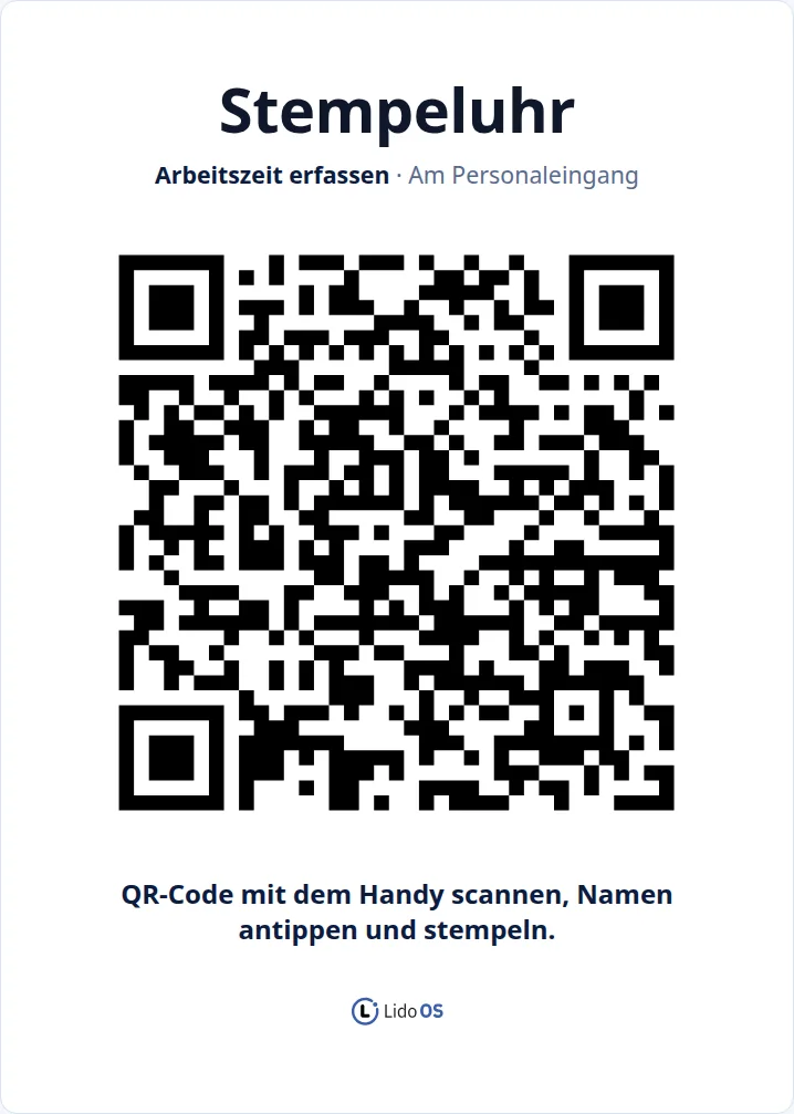 Druckbares Stempeluhr-Poster und persönliche Stempelseite mit Pausenfunktion.