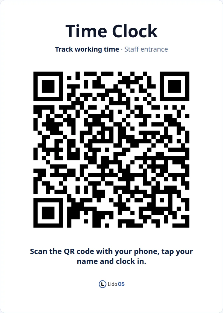 Printable clocking poster and personal clocking page with break controls.