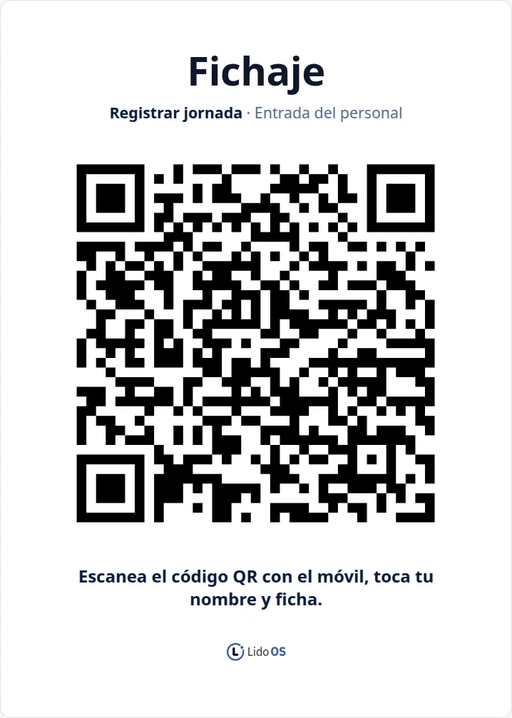 Cartel QR imprimible y página personal para fichar y registrar pausas.