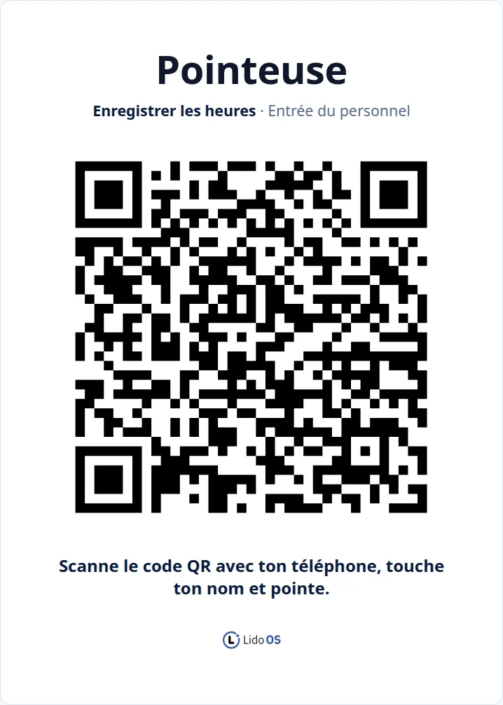 Affiche de pointage imprimable et page personnelle avec gestion des pauses.