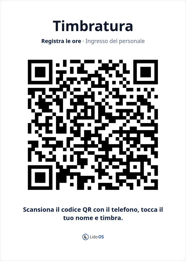 Foglio QR stampabile e pagina personale per entrata, pausa e uscita.