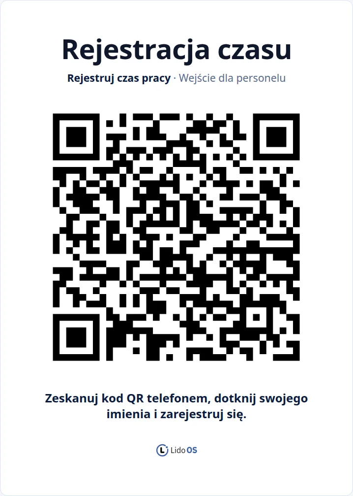 Plakat do wydruku i osobista strona rejestracji czasu z obsługą przerw.