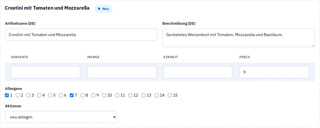 Bearbeitbarer Artikelvorschlag mit den vom Copilot vorgeschlagenen Allergenmarkierungen.