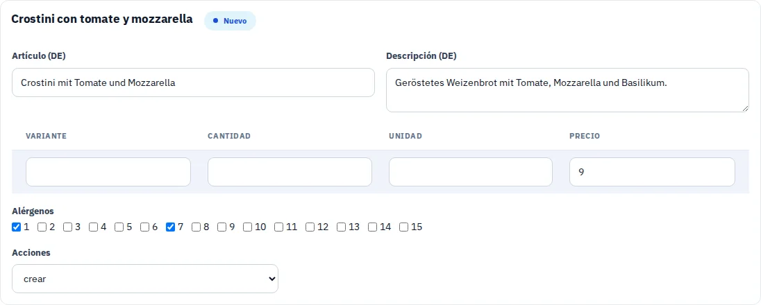 Propuesta editable con las marcas de alérgenos sugeridas por el Copilot.