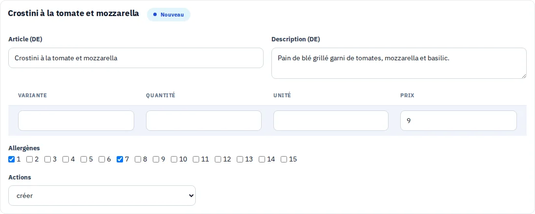 Proposition d'article modifiable avec les allergènes suggérés par le Copilot.