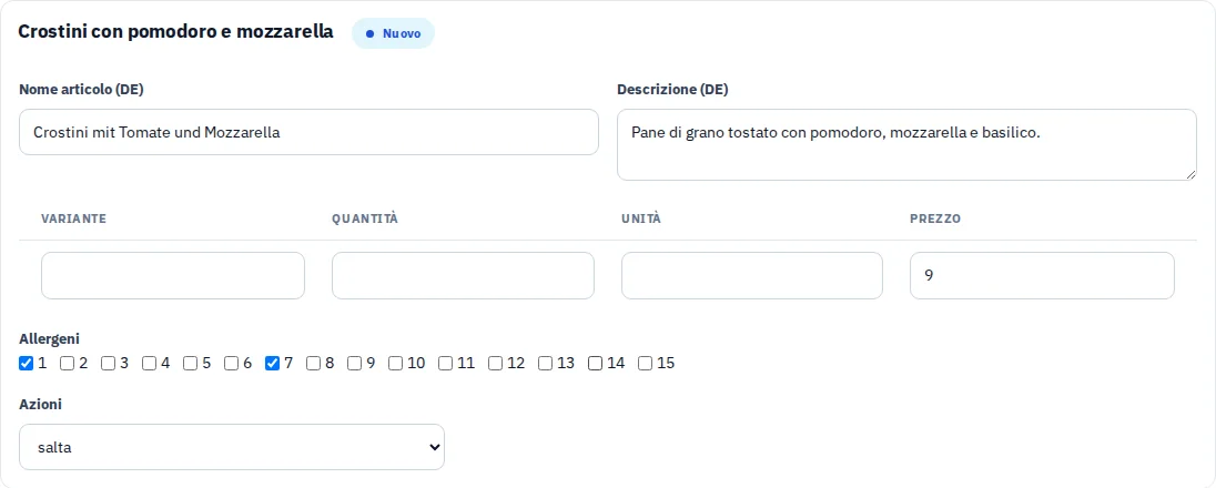 Suggerimento di articolo modificabile con allergeni proposti dal Copilot.