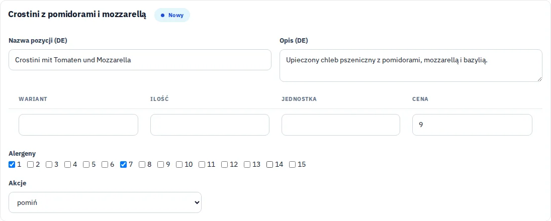 Edytowalna propozycja pozycji z oznaczeniami alergenów zaproponowanymi przez Copilota.