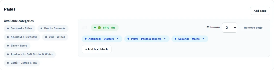 PDF page plan with the categories of the Via Palermo menu.