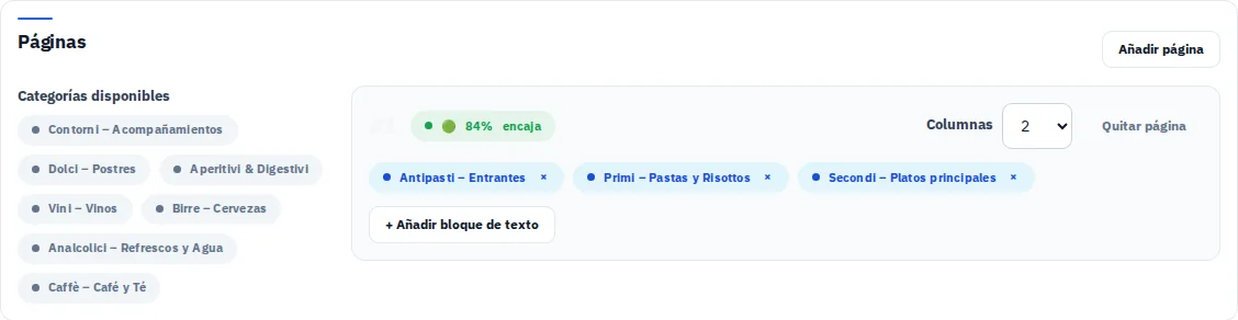 Planificador de páginas con las categorías de la carta de Via Palermo.