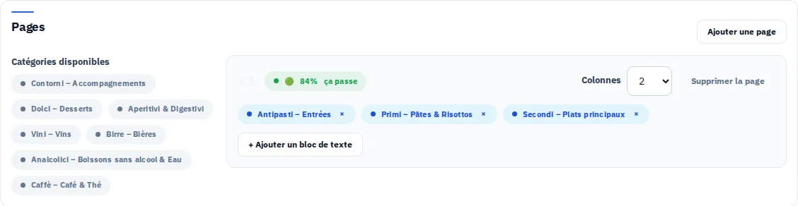 Planificateur de pages PDF avec les catégories de la carte de Via Palermo.