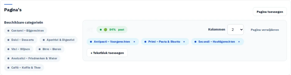 PDF-pagina-indeling met de categorieën van de Via-Palermo-menukaart.