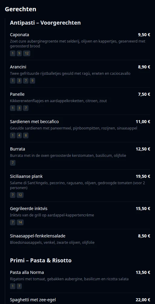 QR-menukaart van Via Palermo met vertaalde gerechten en prijzen.