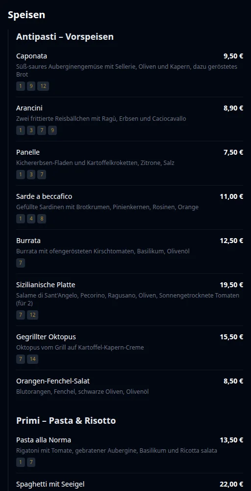QR-Speisekarte von Via Palermo mit übersetzten Gerichten und Preisen.