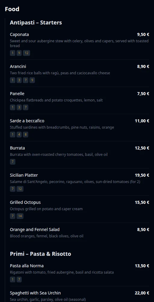 QR menu from Via Palermo with translated dishes and prices.
