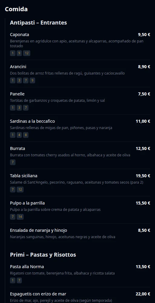 Carta QR de Via Palermo con platos y precios traducidos.