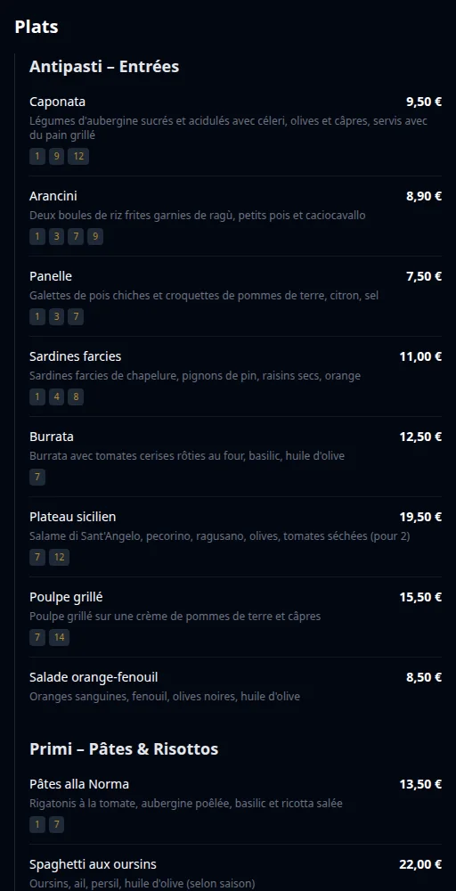 Carte QR de Via Palermo avec les plats et prix traduits.