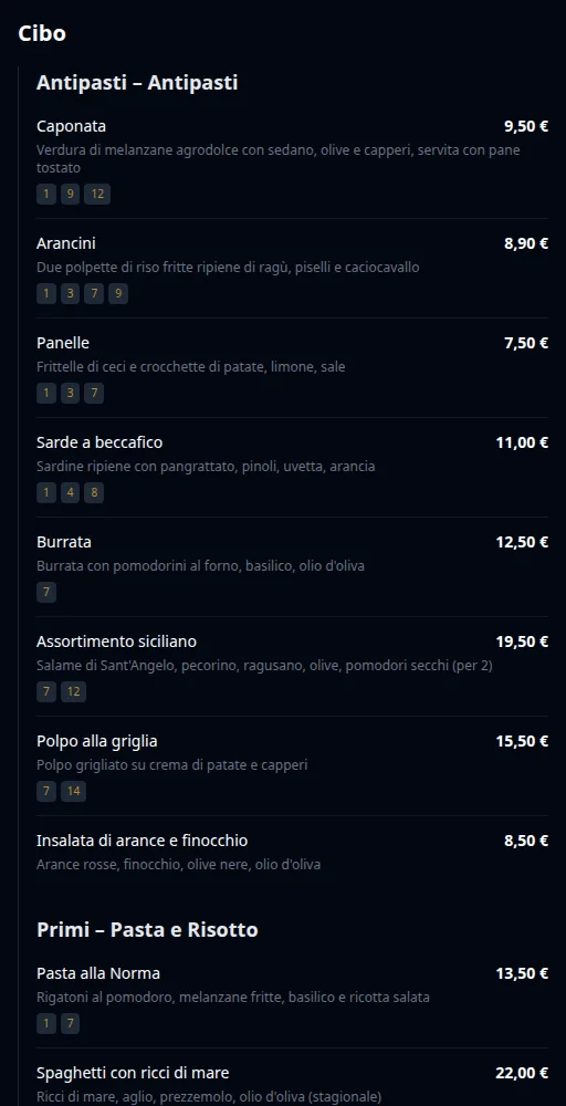 Carta QR di Via Palermo con piatti, descrizioni e prezzi tradotti.