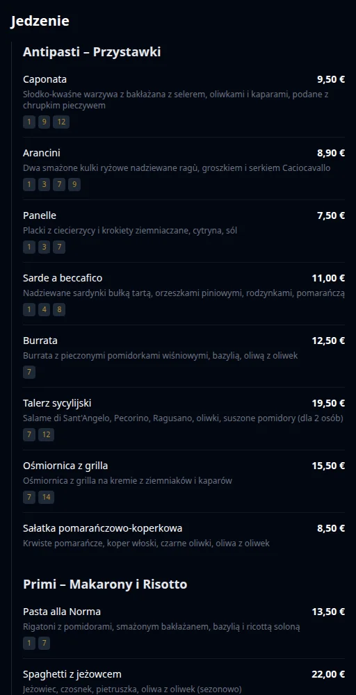 Menu QR z Via Palermo z przetłumaczonymi daniami i cenami.